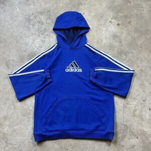Vintage Y2K Blue Adidas 3 Stripes Big Logo Baggy Skater Hoodie Size XL